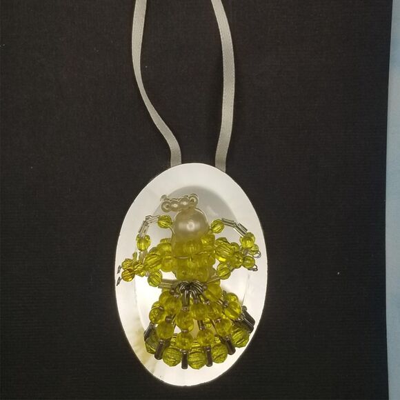 Vintage Yellow Beaded Angel Ornament Mirror 3"Pearl Handmade Safety Pins - Picture 5 of 5